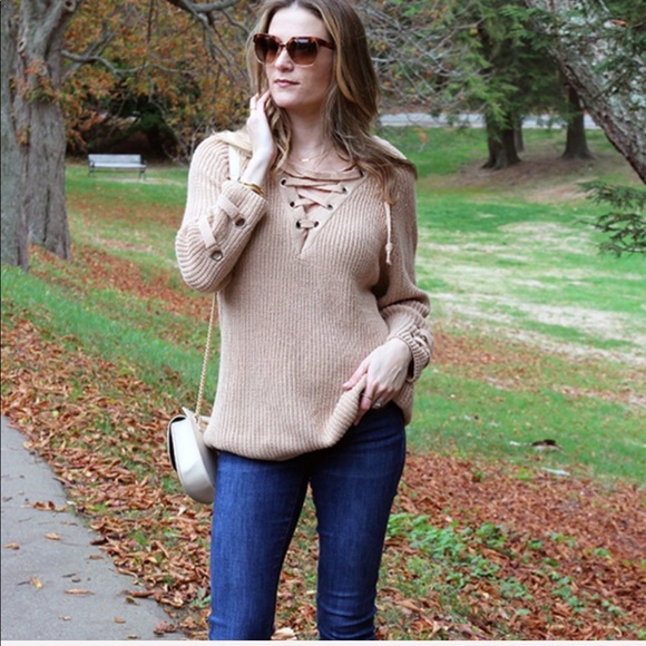 SwankStyles Sweaters - Oatmeal Lace Up Sweater